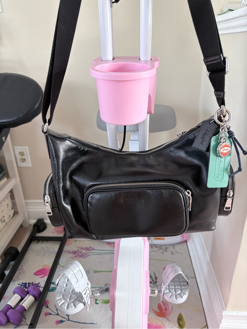 Coach Black Leather Shoulder Bag with Mint Tag Charm